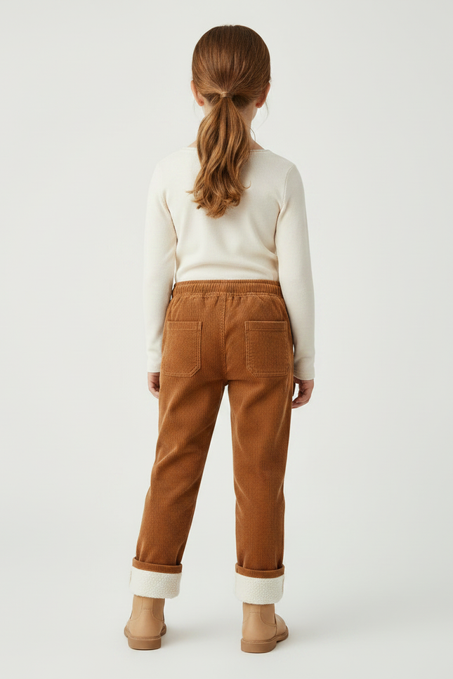 Pantalon Chino Marron Côtelé Doublé Enfant Décontracté - Camel Cordé - vue 2