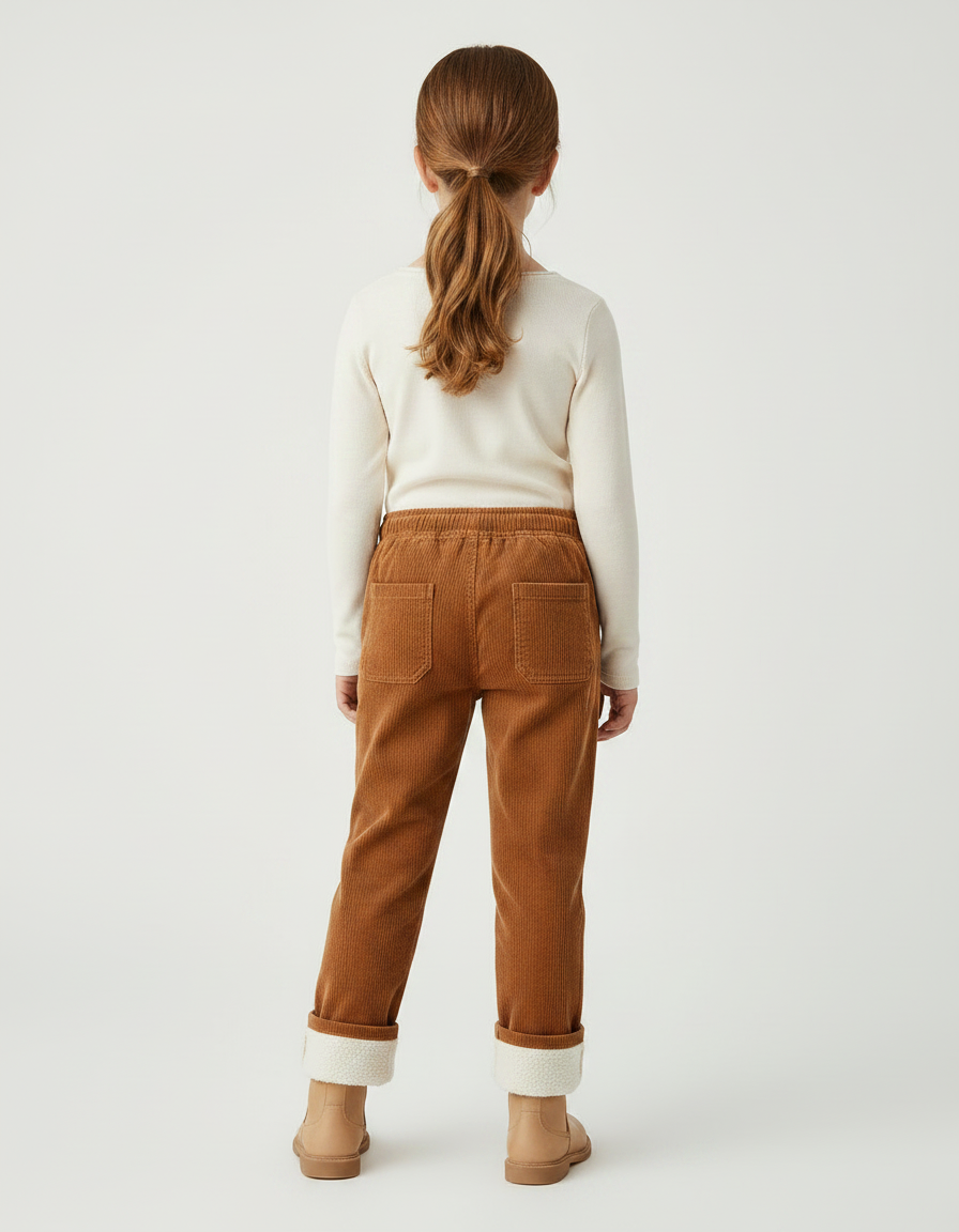 Pantalon Chino Marron Côtelé Doublé Enfant Décontracté - Camel Cordé - vue 2