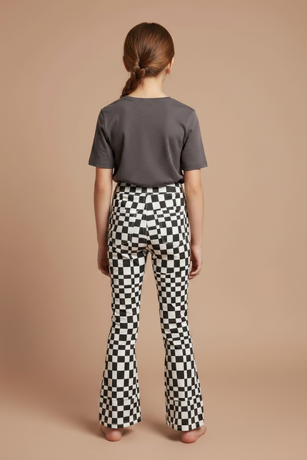 Pantalon Chino Carreaux Noir Blanc Évasé Fille - Multicolore Maille - vue 2