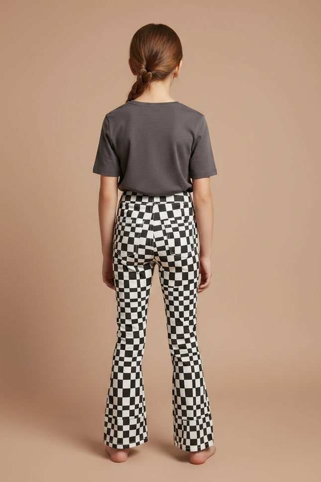 Pantalon Chino Carreaux Noir Blanc Évasé Fille - Multicolore Maille - vue 2