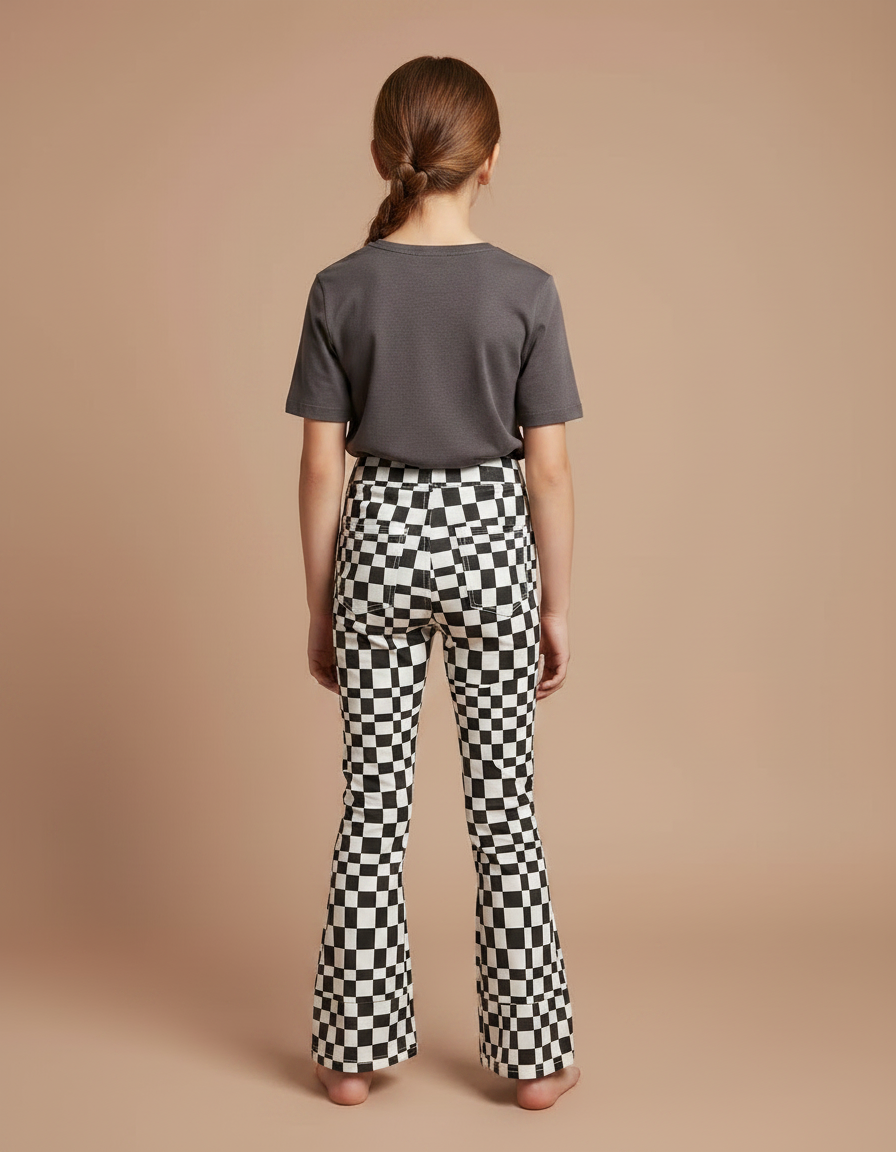 Pantalon Chino Carreaux Noir Blanc Évasé Fille - Multicolore Maille - vue 2