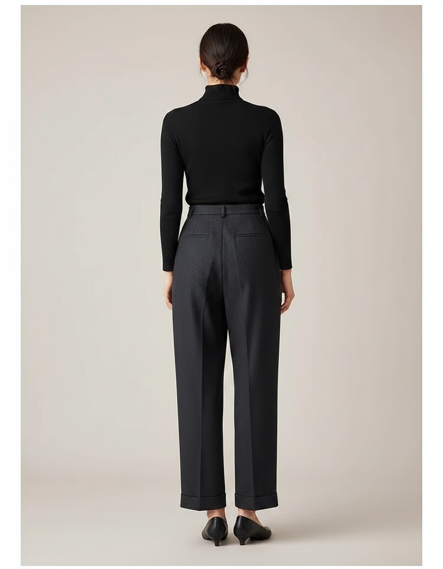 Pantalon Chino Gris Taille Haute Ample Élégant Femme - Gabardine - vue 2