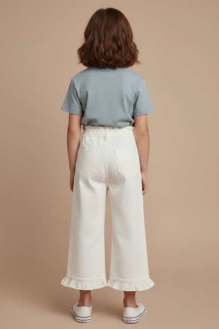 Pantalon Chino Écru Large Froncé Fille Boutons - Blanc Jean - vue 2