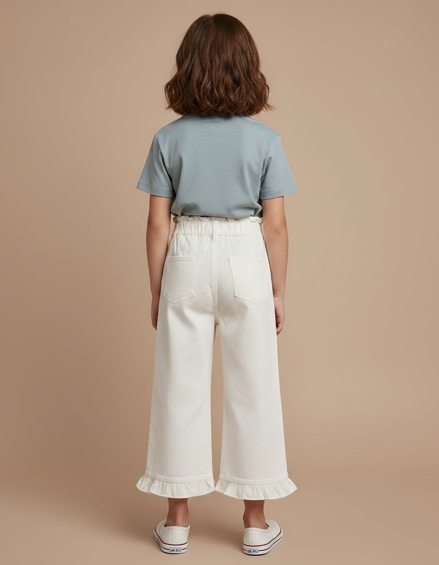 Pantalon Chino Écru Large Froncé Fille Boutons - Blanc Jean - vue 2