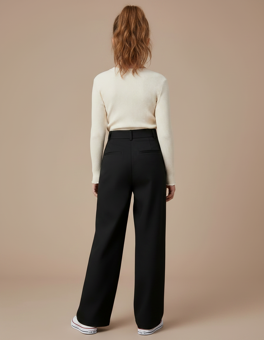 Pantalon Chino Noir Ample Fluide Taille Haute Élégant - Gabardine - vue 2