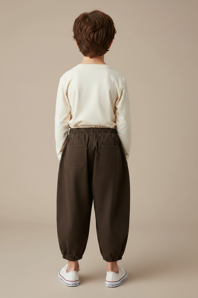 Pantalon Chino Marron Ample Coton Enfant Élastiqué - vue 2