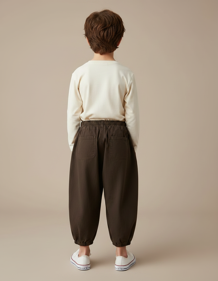 Pantalon Chino Marron Ample Coton Enfant Élastiqué - vue 2