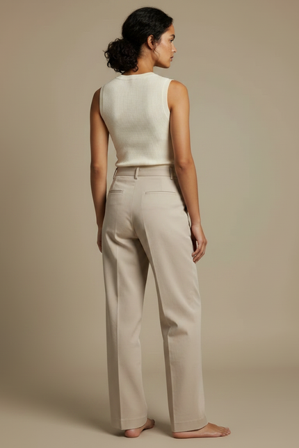 Pantalon Chino Beige Plissé Droit Ample Femme - Coton - vue 2
