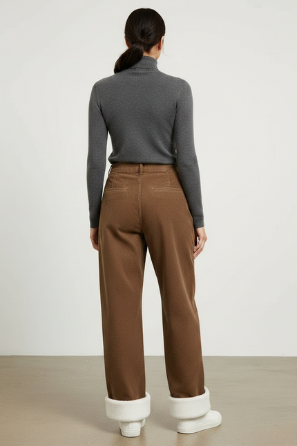 Pantalon Chino Marron Ample Côtelé Doublé Polaire Femme - Cordé - vue 2