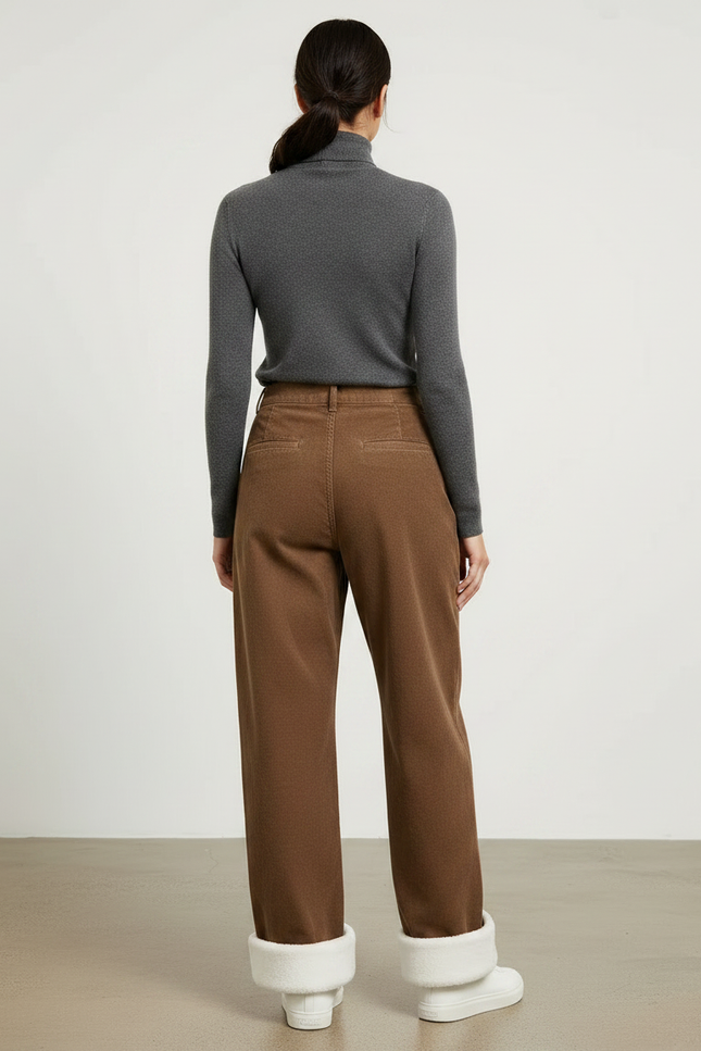 Pantalon Chino Marron Ample Côtelé Doublé Polaire Femme - Cordé - vue 2