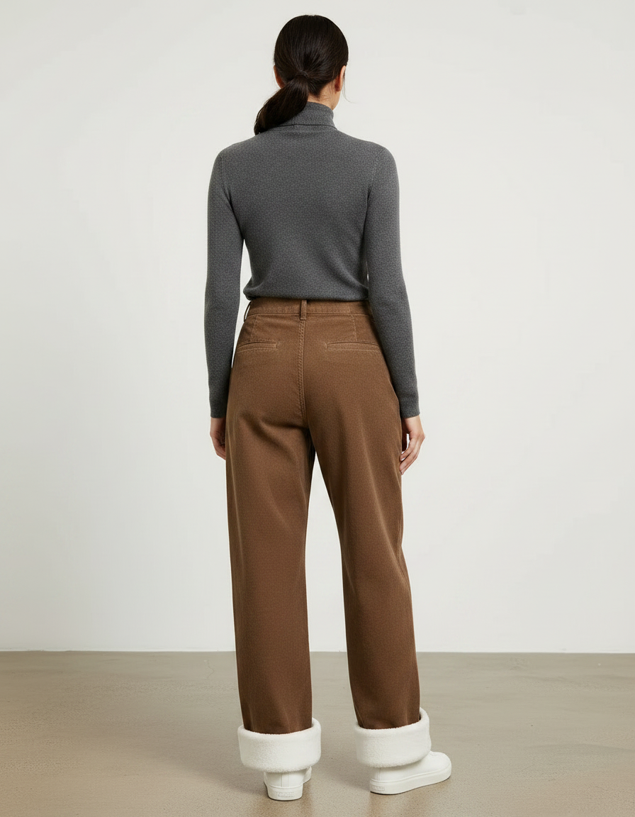 Pantalon Chino Marron Ample Côtelé Doublé Polaire Femme - Cordé - vue 2