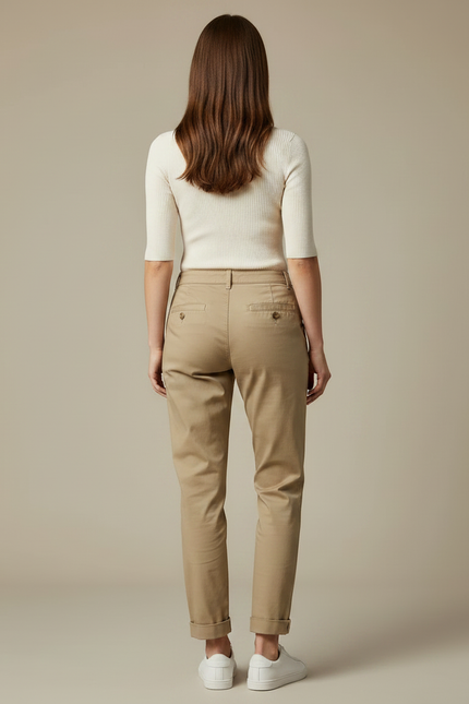 Pantalon Chino Kaki Coton Décontracté Femme Coupe Droite - vue 2