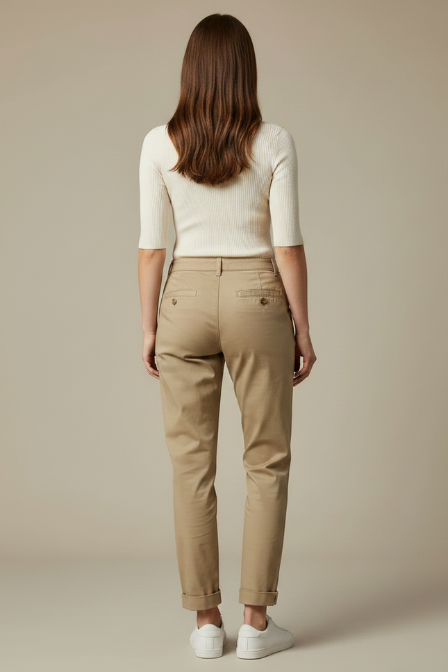 Pantalon Chino Kaki Coton Décontracté Femme Coupe Droite - vue 2