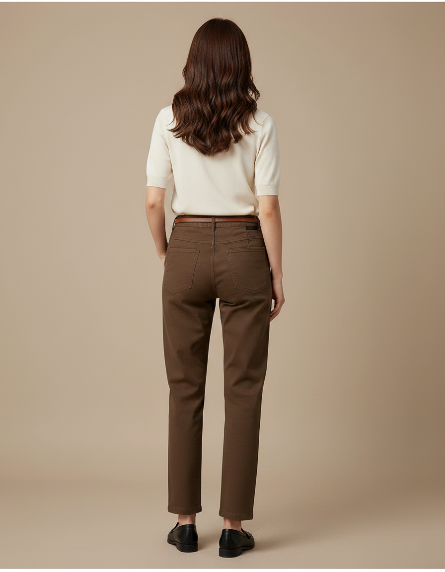 Pantalon Chino Marron Droit Taille Haute Femme - Gabardine - vue 2