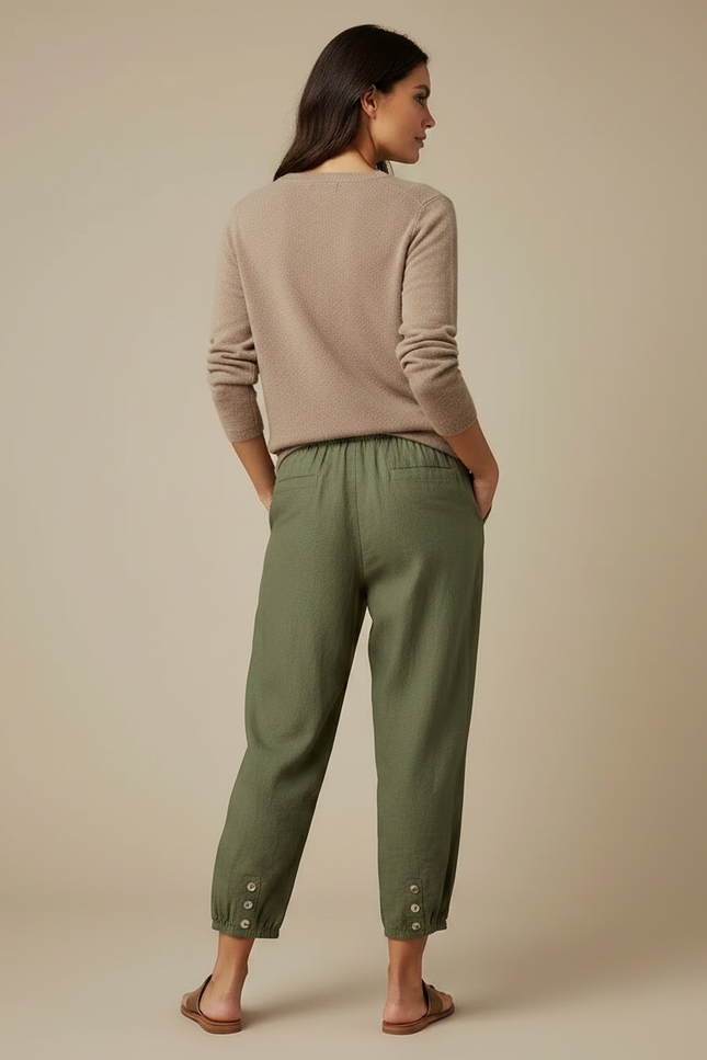 Pantalon Chino Vert Olive Lin Ample Cordon Femme - Kaki - vue 2