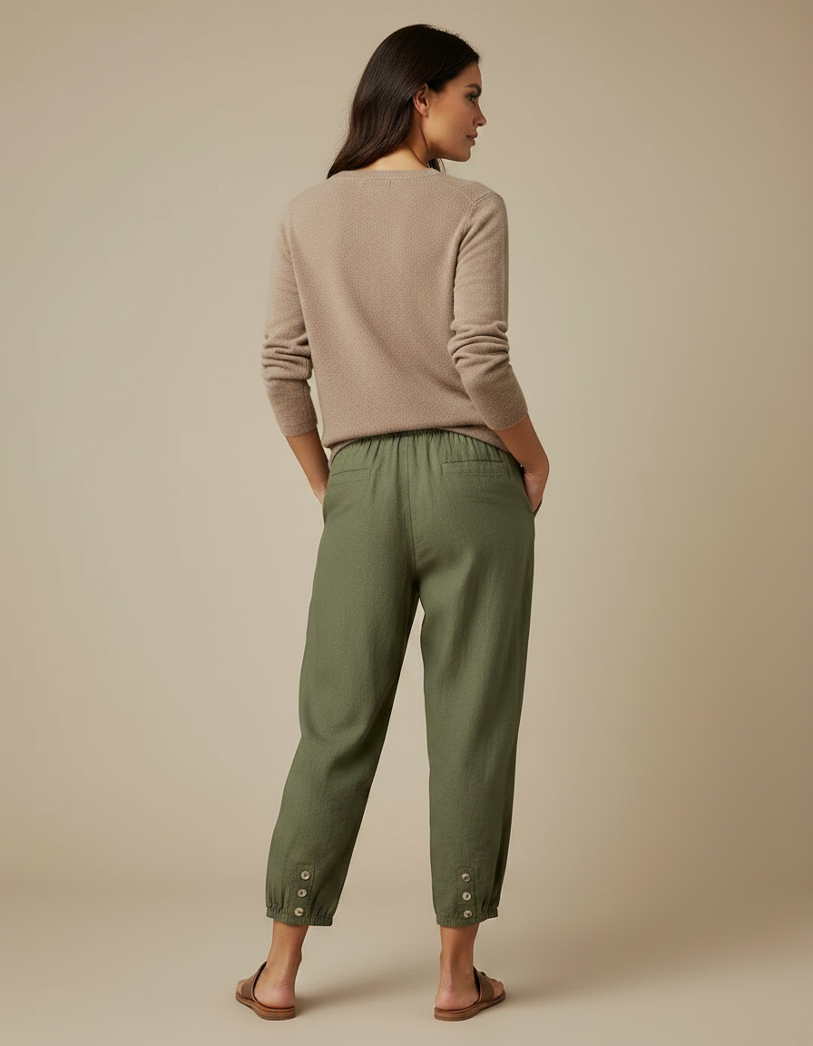 Pantalon Chino Vert Olive Lin Ample Cordon Femme - Kaki - vue 2