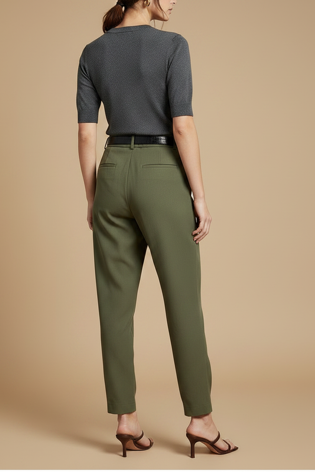 Pantalon Chino Vert Olive Plissé Tapered Décontracté Femme - Kaki Polyester - vue 2