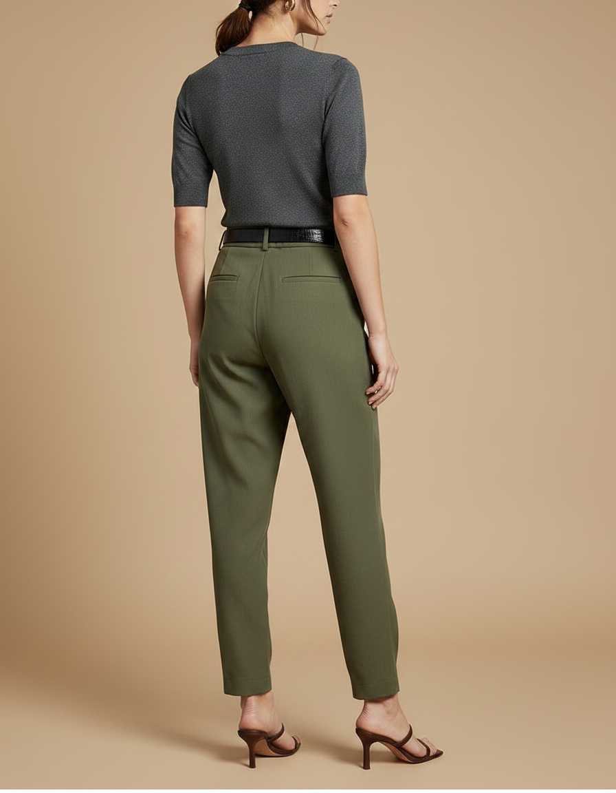 Pantalon Chino Vert Olive Plissé Tapered Décontracté Femme - Kaki Polyester - vue 2