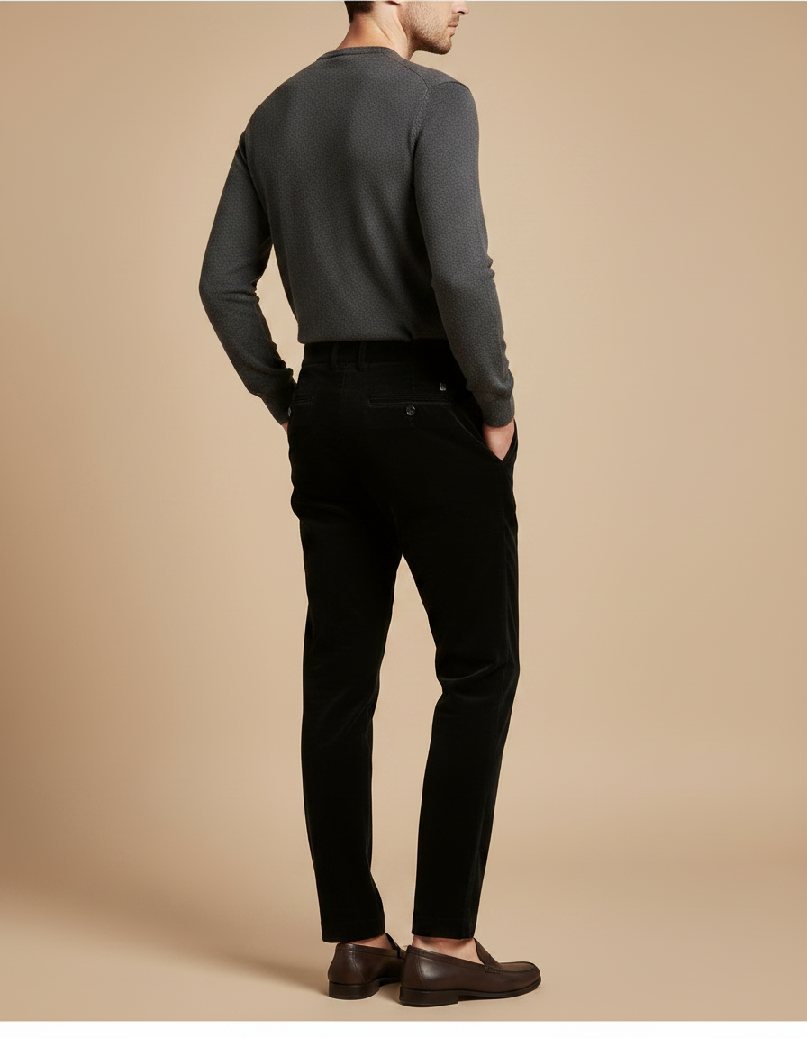 Pantalon Chino Noir Velours Plissé Élégant Homme - vue 2