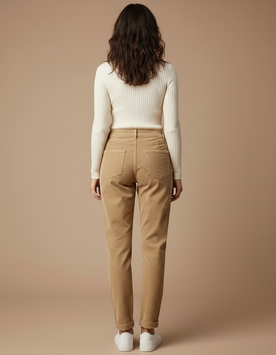 Pantalon Chino Beige Côtelé Décontracté Femme Fluide - Cordé - vue 2