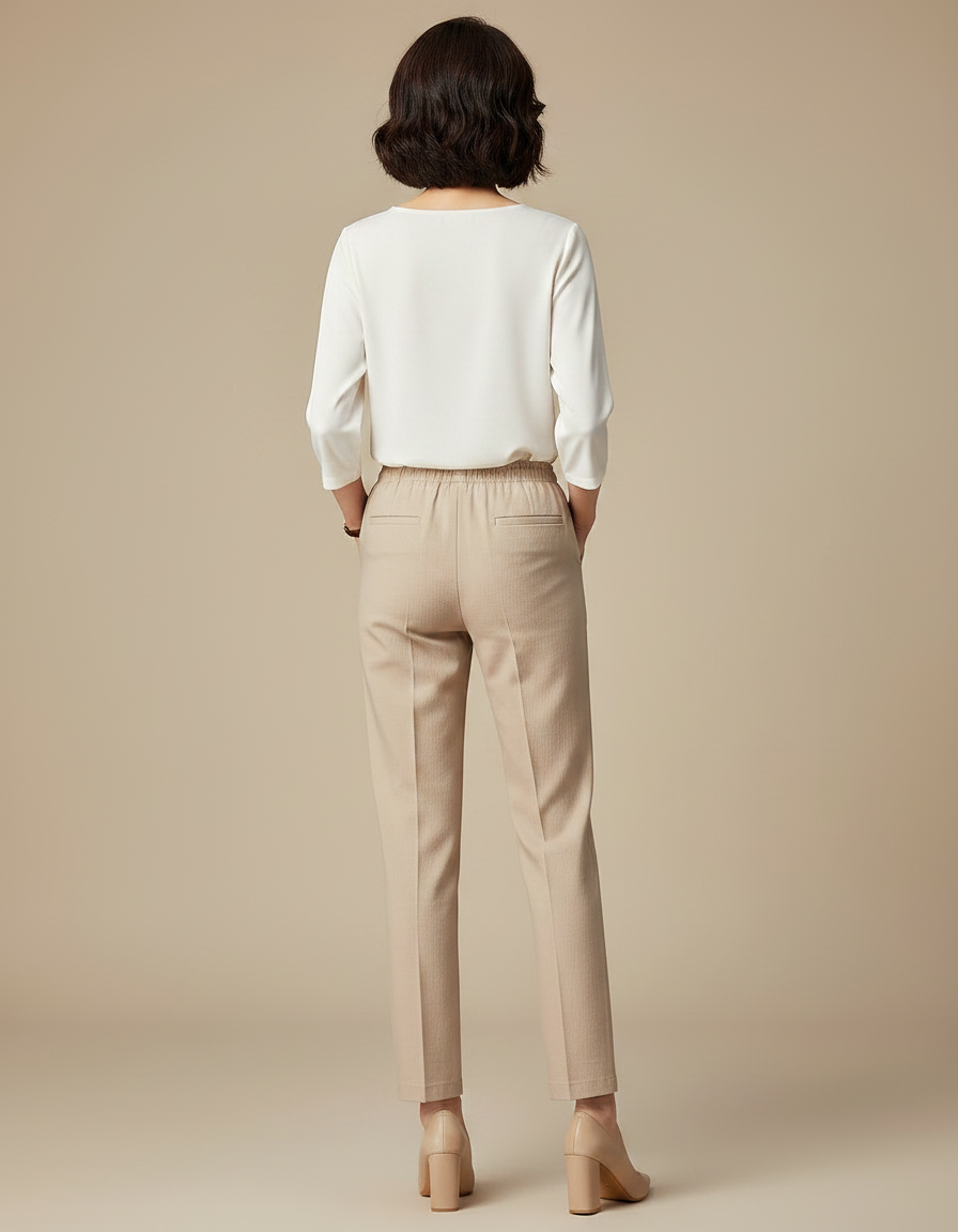 Pantalon Chino Beige Coupe Droite Élastique Femme - Coton - vue 2