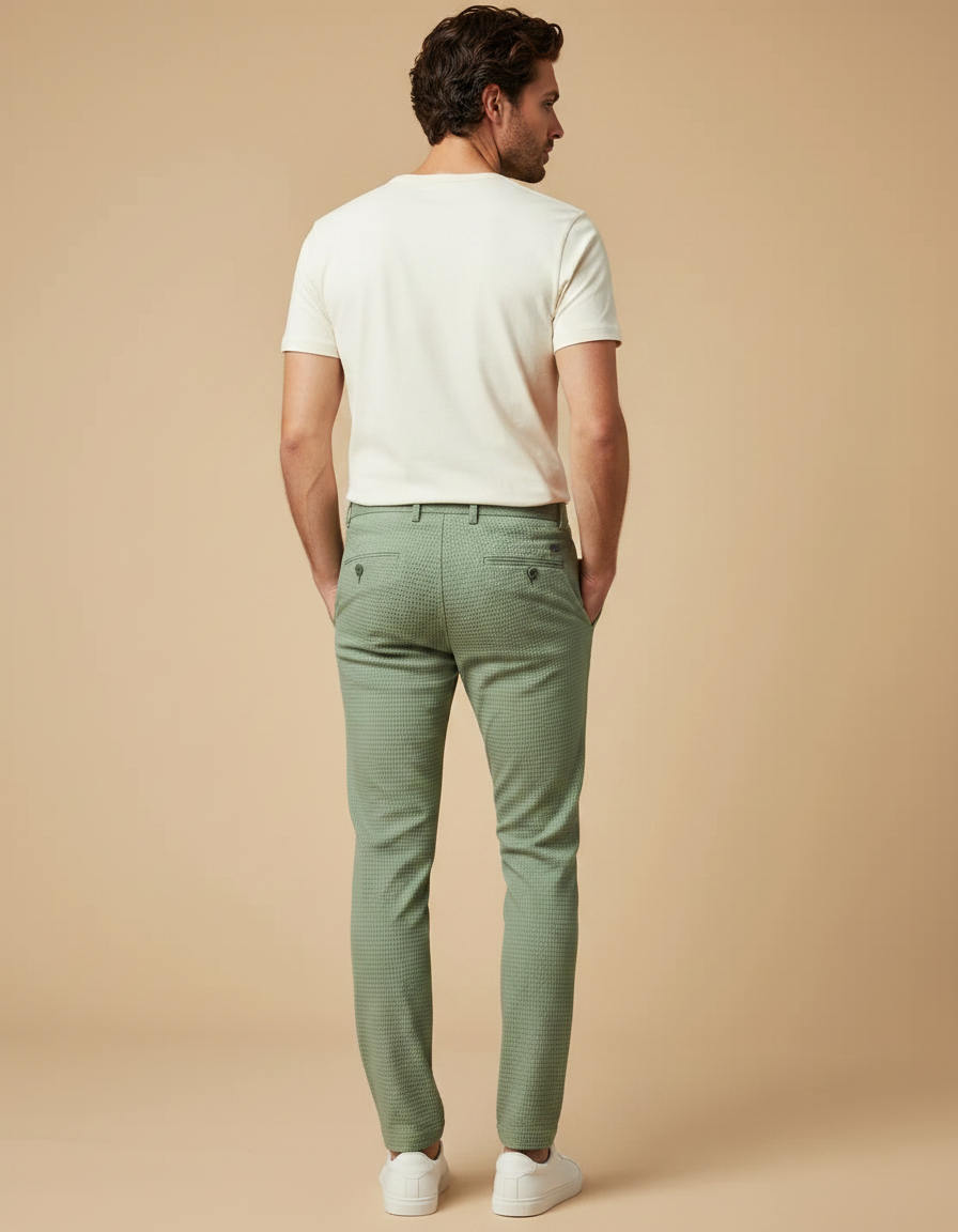 Pantalon Chino Vert Motif Gaufre Slim Casual Homme - Coton - vue 2