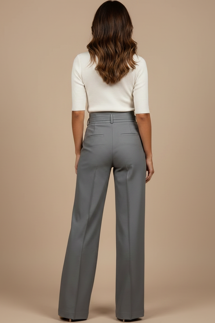 Pantalon Chino Gris Taille Haute Fluide Élégant Femme - Gabardine - vue 2