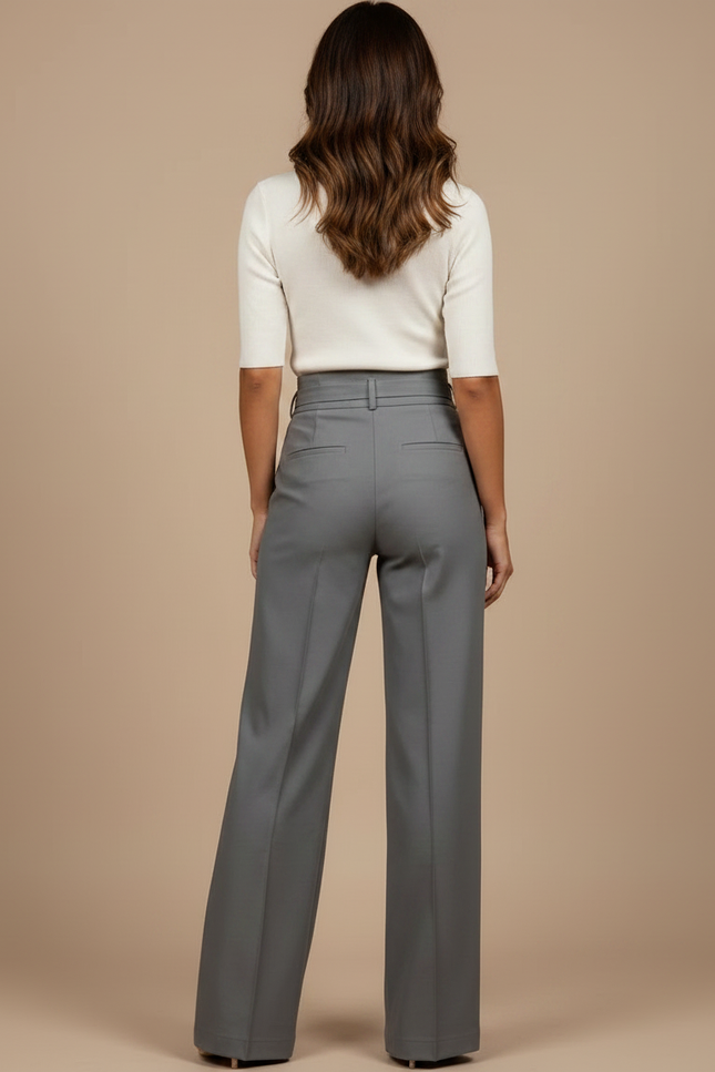 Pantalon Chino Gris Taille Haute Fluide Élégant Femme - Gabardine - vue 2