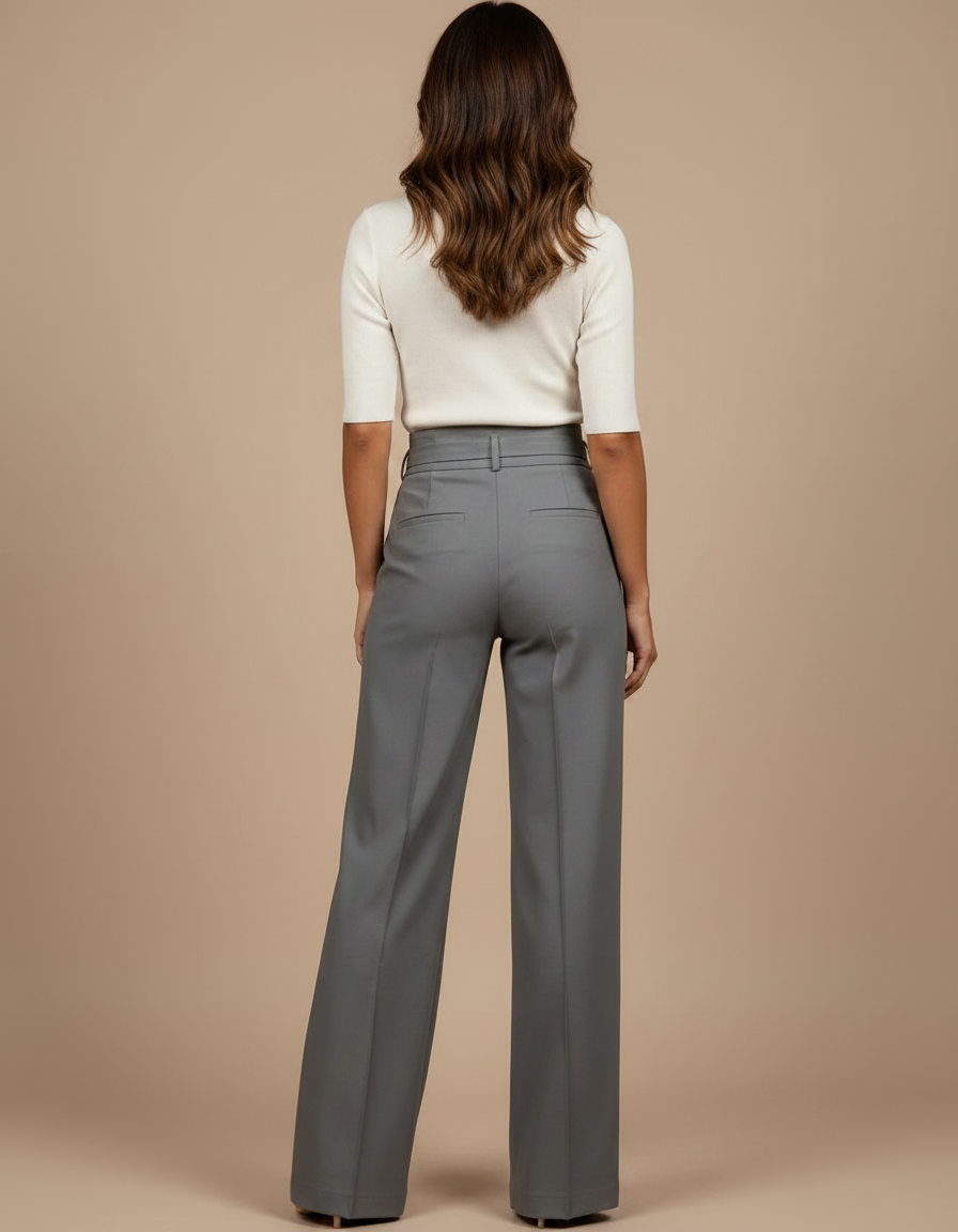 Pantalon Chino Gris Taille Haute Fluide Élégant Femme - Gabardine - vue 2