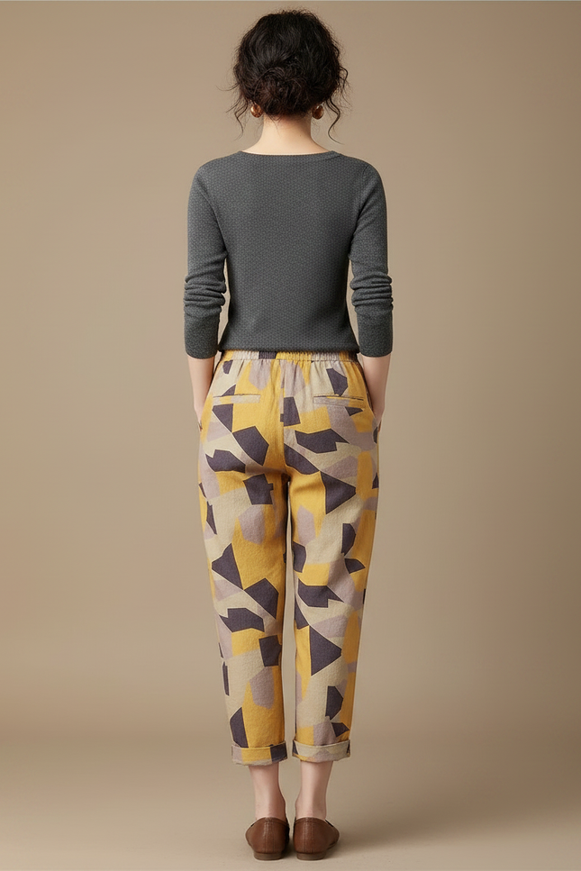 Pantalon Chino Lin Coton Imprimé Géométrique Ample - Multicolore - vue 2