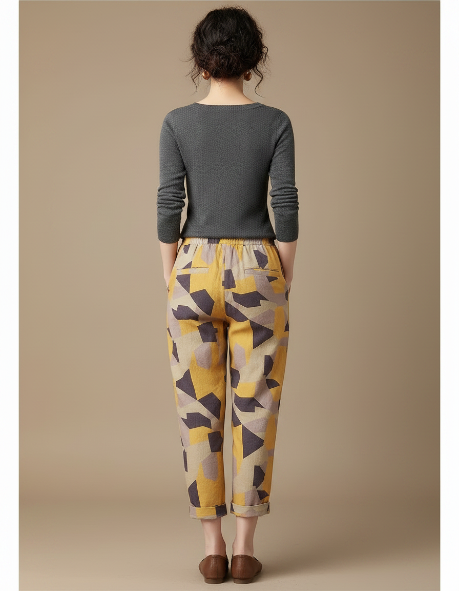Pantalon Chino Lin Coton Imprimé Géométrique Ample - Multicolore - vue 2