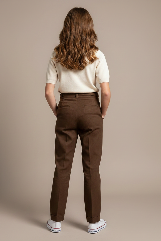 Pantalon Chino Marron Plissé Droit Élégant Femme - Gabardine - vue 2