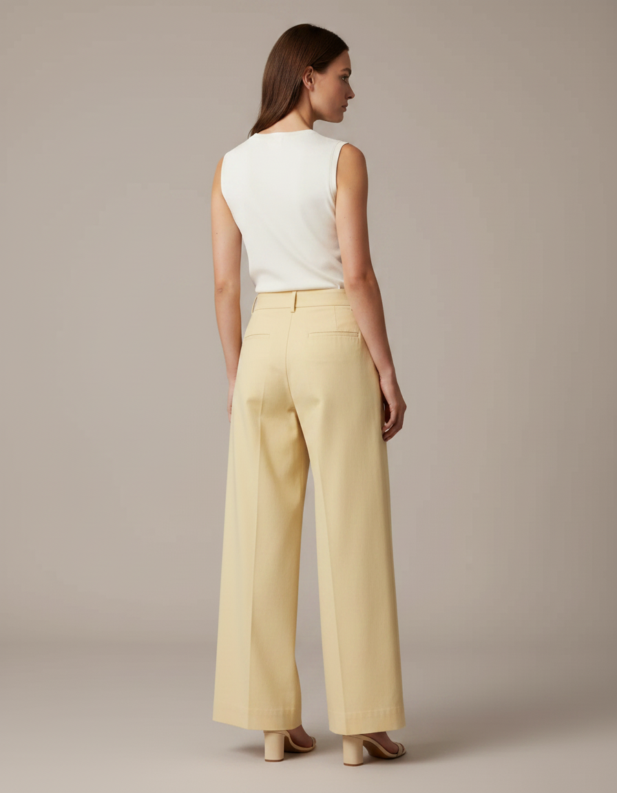 Pantalon Chino Jaune Plissé Large Élégant Femme - Gabardine - vue 2