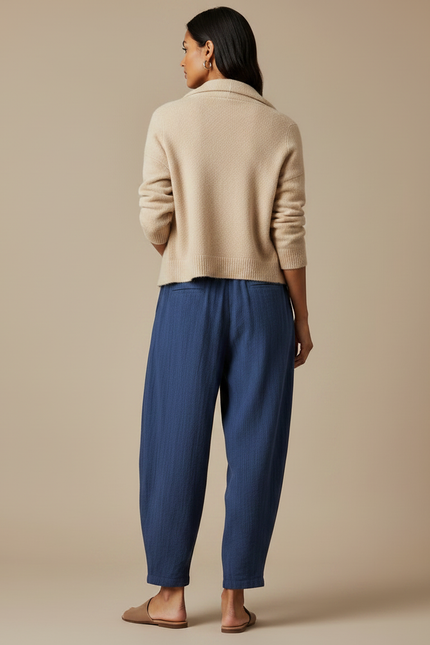 Pantalon Chino Bleu Marine Ample Cordon Décontracté - Lin - vue 2