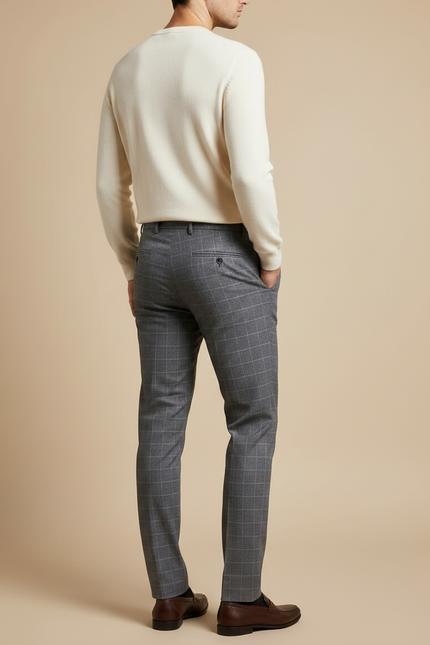 Pantalon Chino Homme Slim Carreaux Gris Élégant - Laine - vue 2