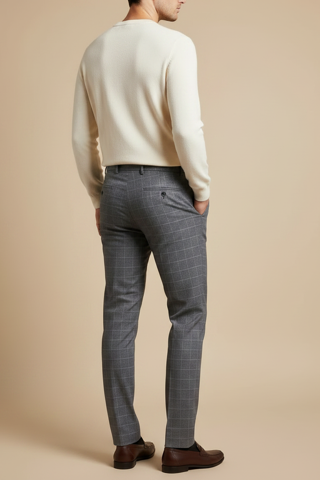 Pantalon Chino Homme Slim Carreaux Gris Élégant - Laine - vue 2