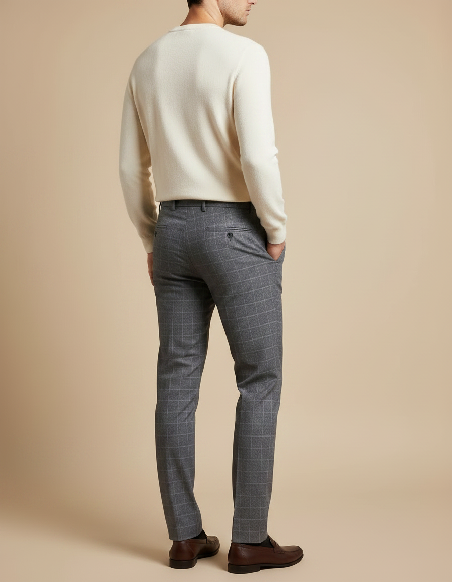 Pantalon Chino Homme Slim Carreaux Gris Élégant - Laine - vue 2