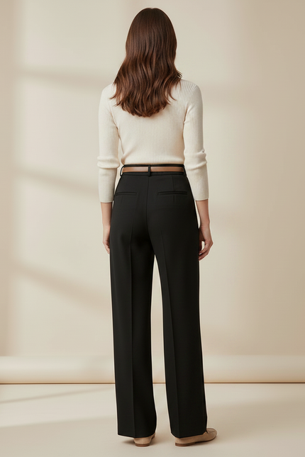 Pantalon Chino Noir Ample Droit Élégant Femme - Gabardine - vue 2