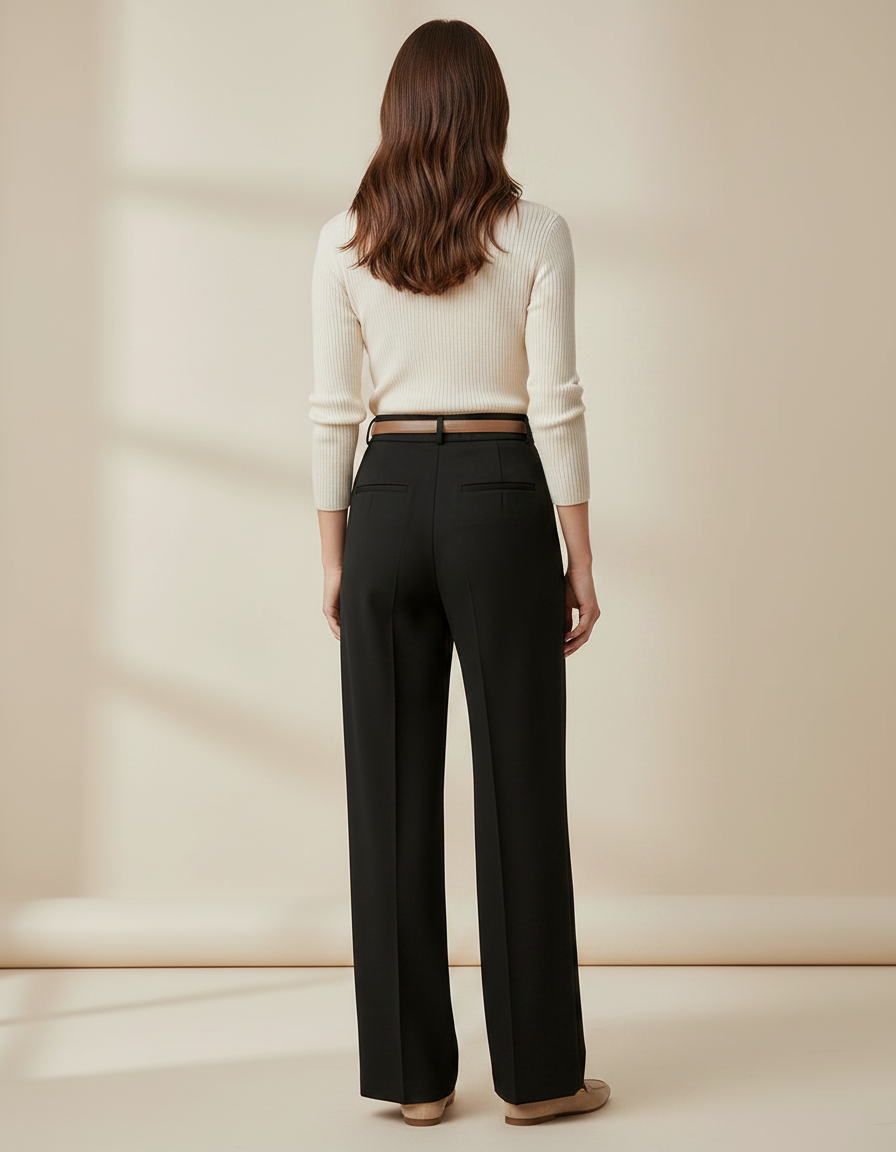 Pantalon Chino Noir Ample Droit Élégant Femme - Gabardine - vue 2