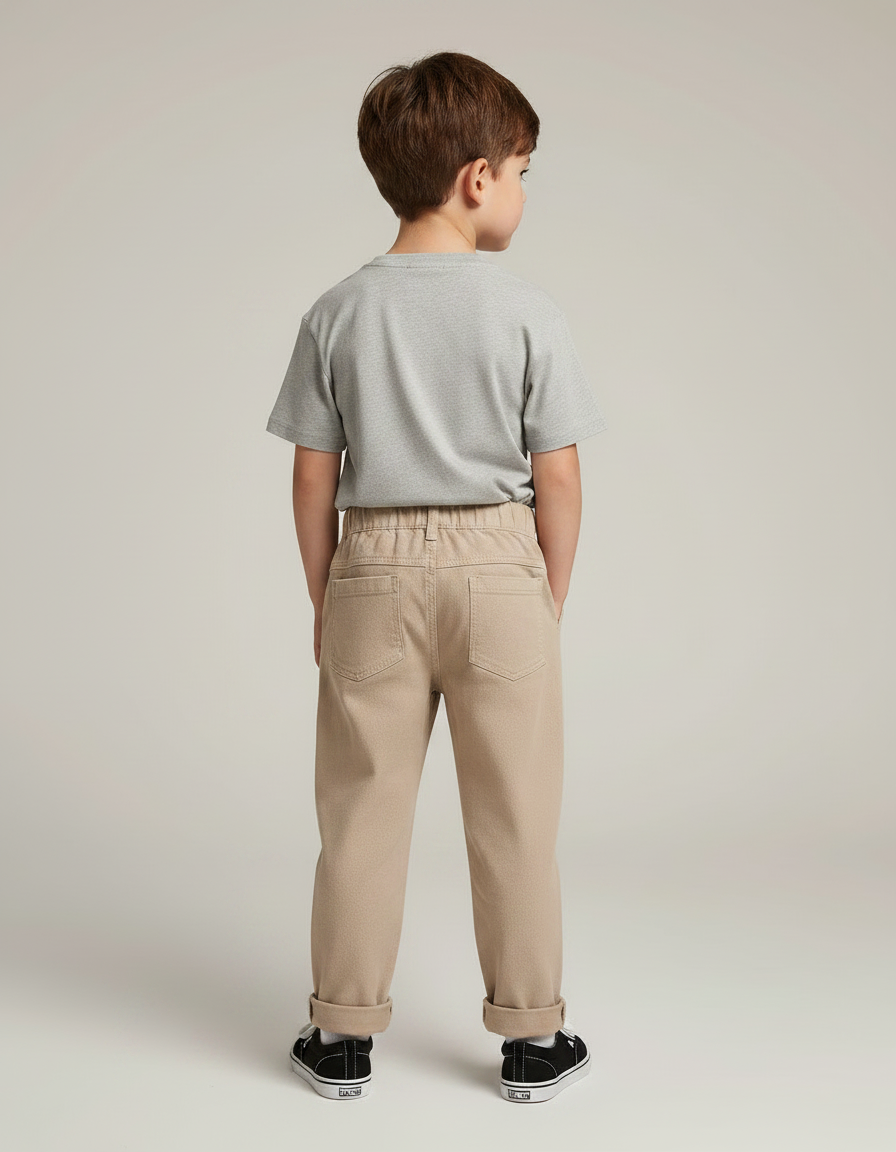 Pantalon Chino Beige Ample Coton Enfant Décontracté Patch - Gabardine - vue 2