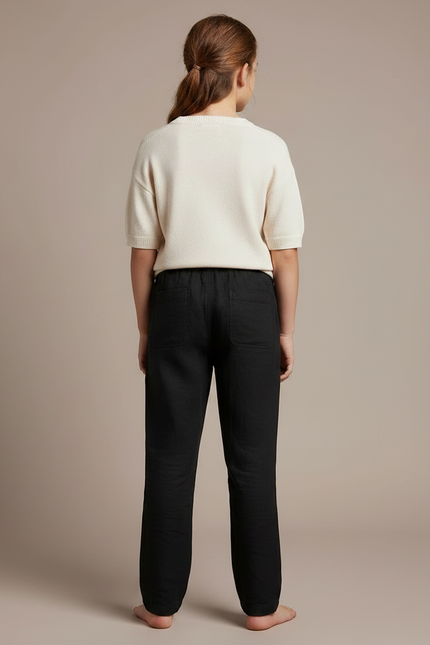 Pantalon Chino Noir Lin Ample Boutons Décontracté - vue 2