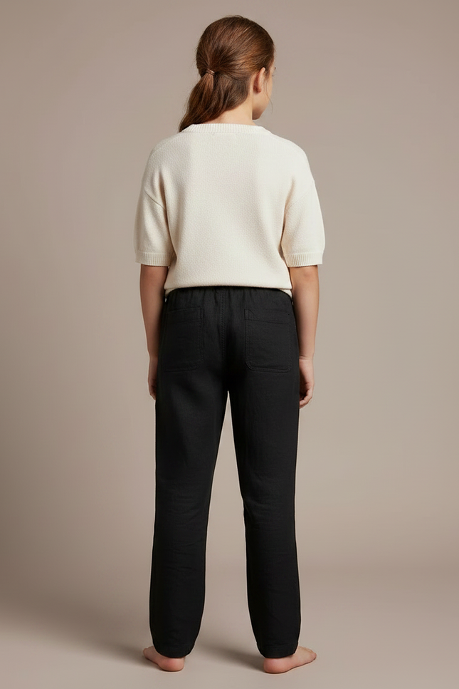 Pantalon Chino Noir Lin Ample Boutons Décontracté - vue 2