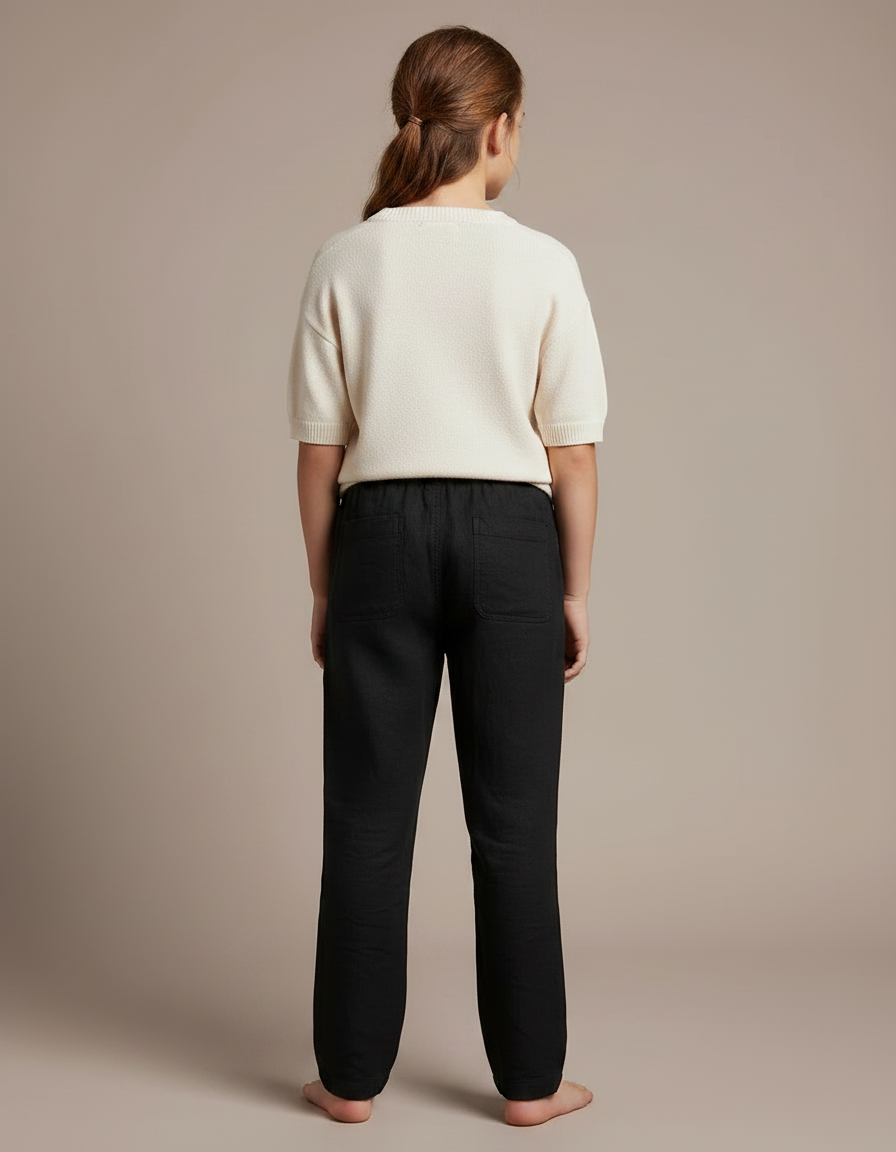 Pantalon Chino Noir Lin Ample Boutons Décontracté - vue 2