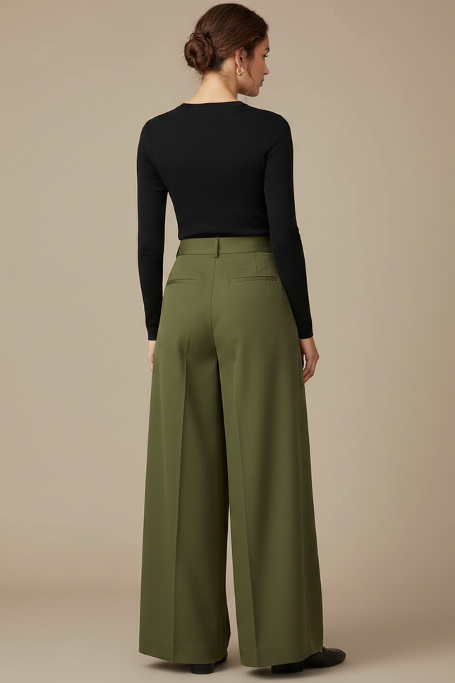 Pantalon Chino Vert Ample Plissé Taille Haute - Kaki Gabardine - vue 2