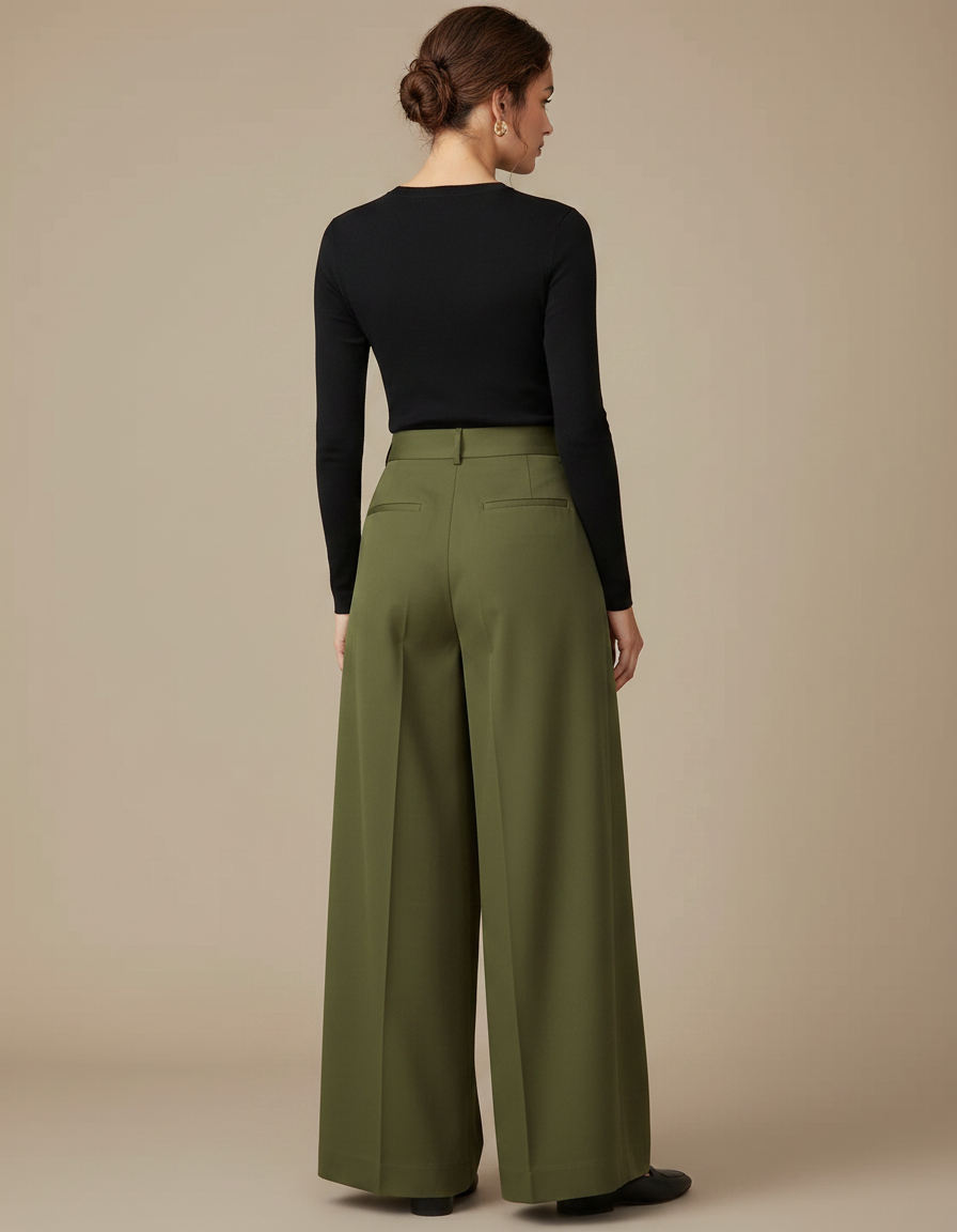 Pantalon Chino Vert Ample Plissé Taille Haute - Kaki Gabardine - vue 2
