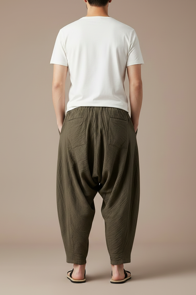 Pantalon Chino Vert Ample Coton Plissé Homme Décontracté - Kaki - vue 2