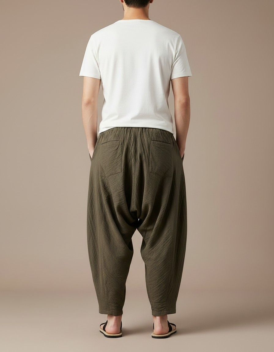 Pantalon Chino Vert Ample Coton Plissé Homme Décontracté - Kaki - vue 2