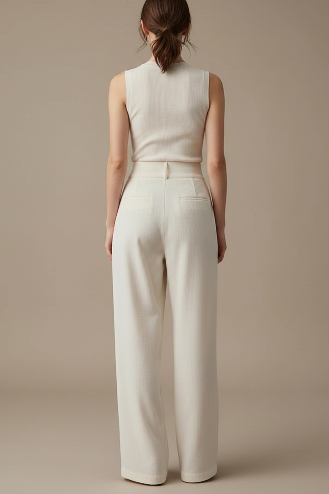Pantalon Chino Écru Plissé Large Élégant Femme - Blanc Gabardine - vue 2