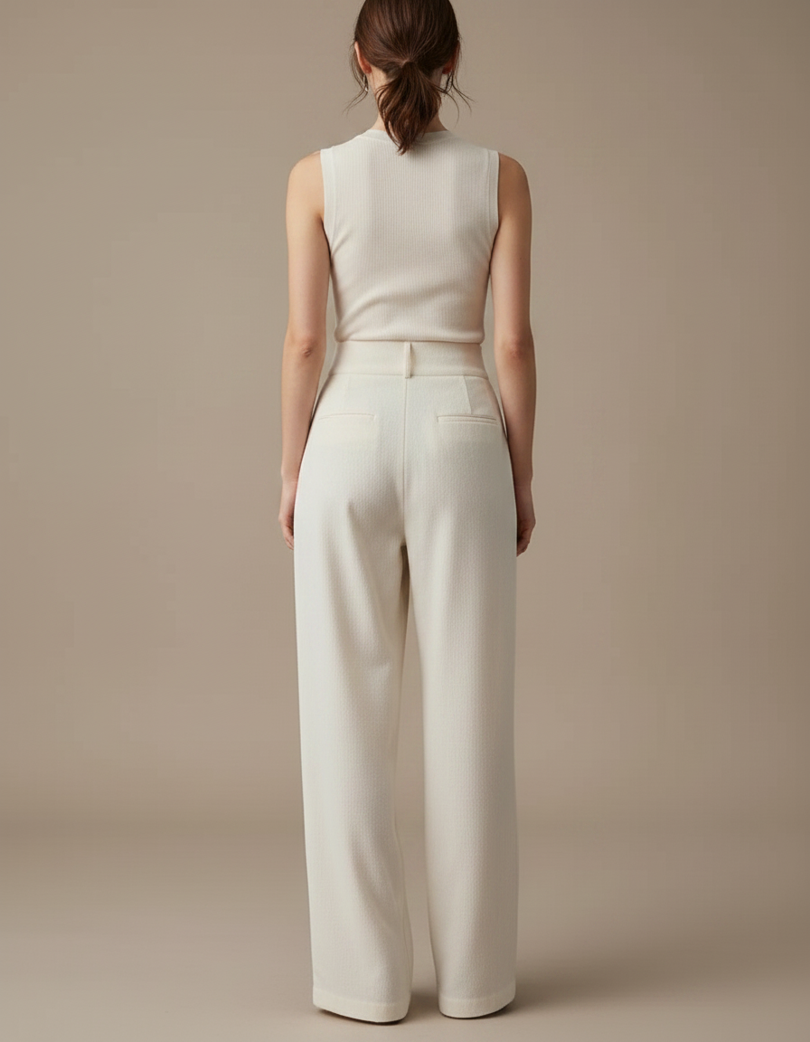 Pantalon Chino Écru Plissé Large Élégant Femme - Blanc Gabardine - vue 2