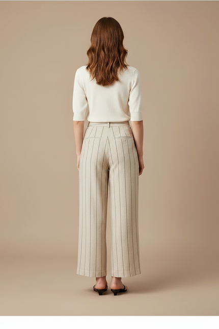 Pantalon Chino Rayé Lin Ample Décontracté Femme - Beige - vue 2